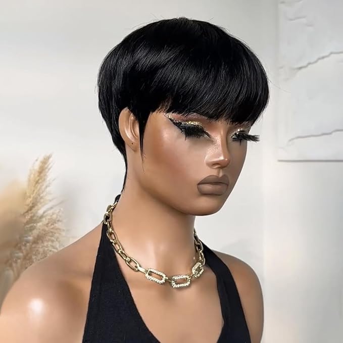 Short Wigs Pixie Cut Wig for black women Human Hair Natural Black Straight Human Hair Wig with Bangs Short layered Wave Glueless No lace front full machine made Bob Wig