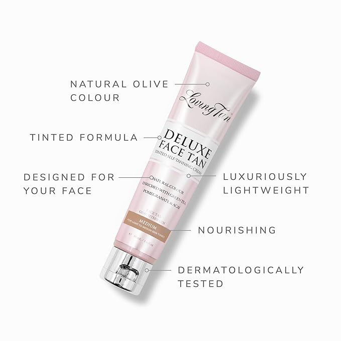 Loving Tan Deluxe Face Self Tanner, Medium - Streak Free, Natural, Professional Quality Sunless Tanning - 10+ Face Self Tanner Applications per Bottle, Cruelty Free, Naturally Derived DHA - 1.6 Fl Oz