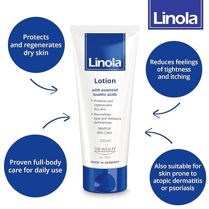 Linola Lotion - Body Lotion with Essential Linoleic Acids - for the Daily Care of Dry & Stressed Skin - Protects & Regenerates Dry Skin - Made in Germany - Vegan - 200 ml (6.8 Fl Oz)