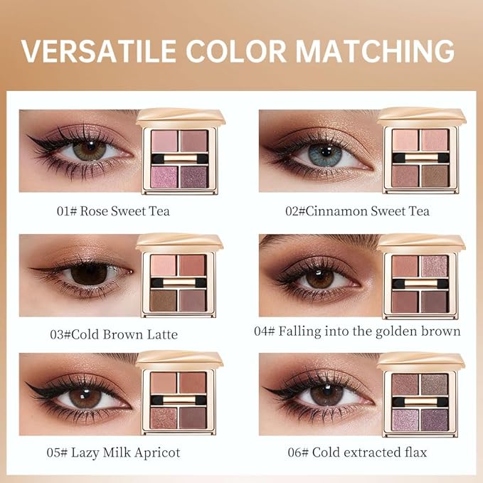 Warm Neutral Brown Eyeshadow Palette, 4 Matte & Shimmer Shades for Natural Everyday Eye Makeup — Blendable Caramel Mocha High Pigment Long-Lasting Crease-Resistant Soft Glam Eye Shadow Kit