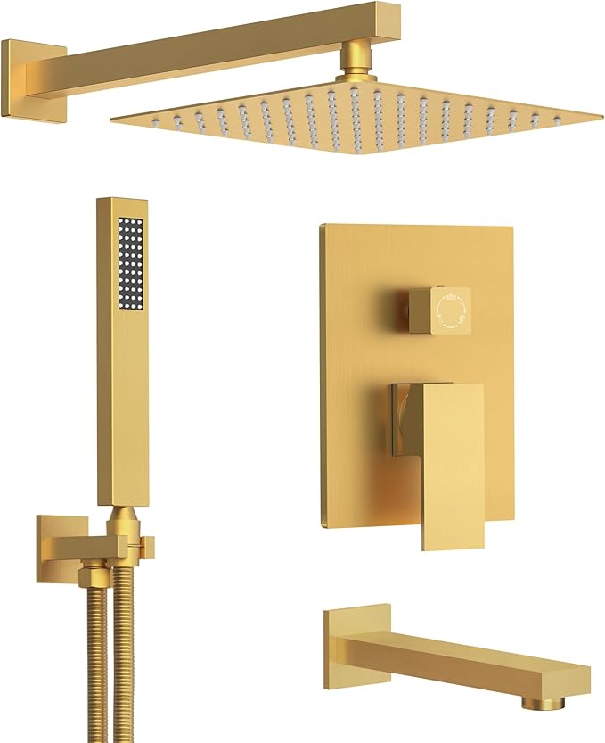 GRANDJOY 10" Shower Faucet Set with Tub Spount, High Pressure Rainfall Shower Head and Handheld Sprayer Combo, Bathroom Tub Shower Faucet Set, Brushed Gold