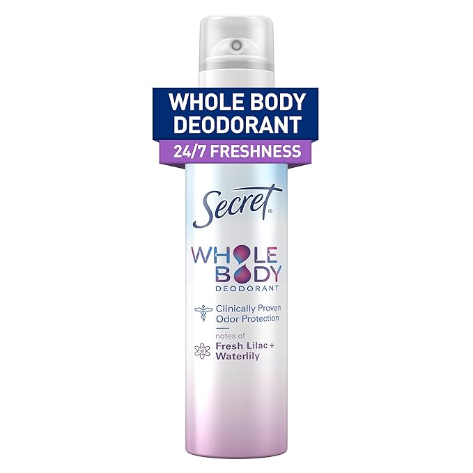 Secret Whole Body Deodorant Spray for Women, Fresh Lilac & Waterlily, Aluminum Free Deodorant Spray, 72 HR Odor Protection, 3.5 oz