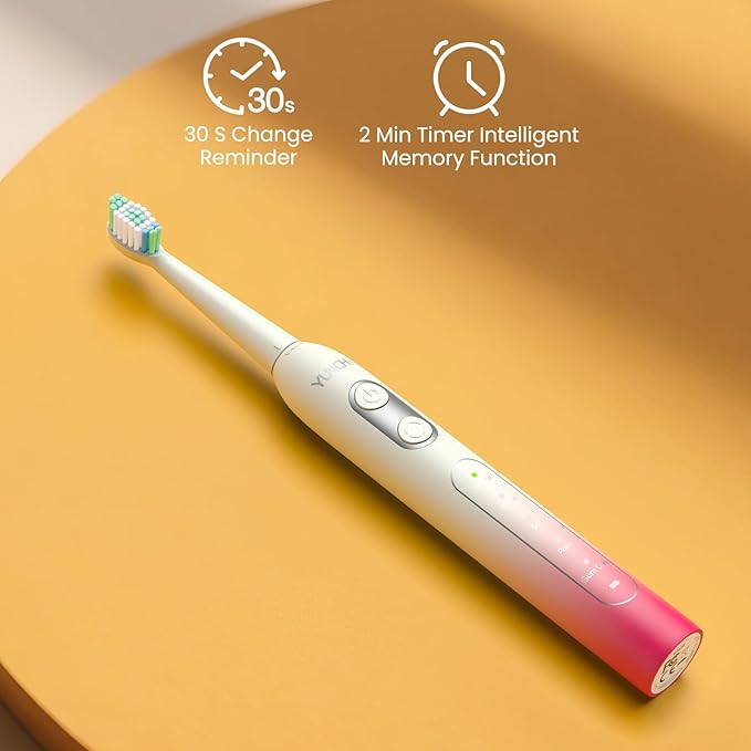 YUNCHI Electric Toothbrush Birthday/Valentine Plastic 8 Heads 24-Mo Deep Cleans Gentle Gums Removes Stains 3Hr USB-C 90d 2-Min Timer/30s IPX7 - Yellow Red