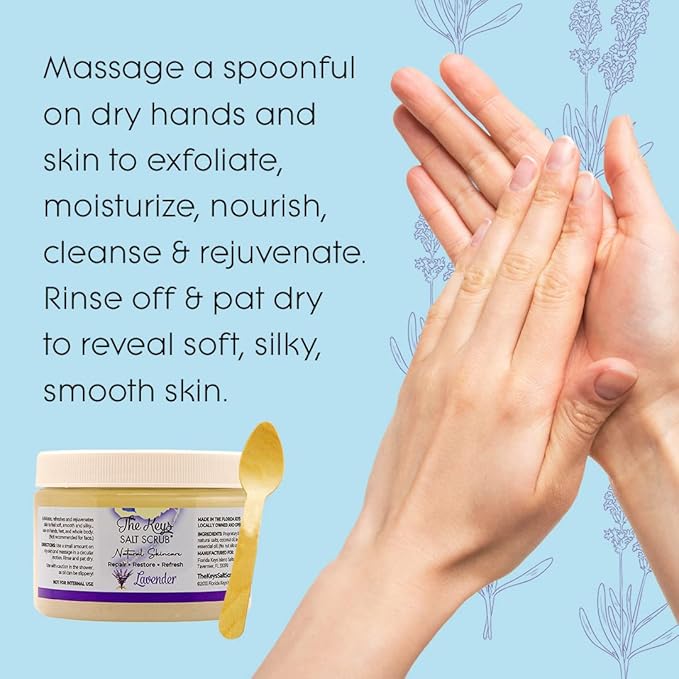 The Keys Salt Scrub -Sea Salt Scrub - Exfoliating Body Scrub with Wooden Spoon - Moisturizing Exfoliator for Hands, Foot, Bath, (12 Ounce (Pack of 3), Lavender)