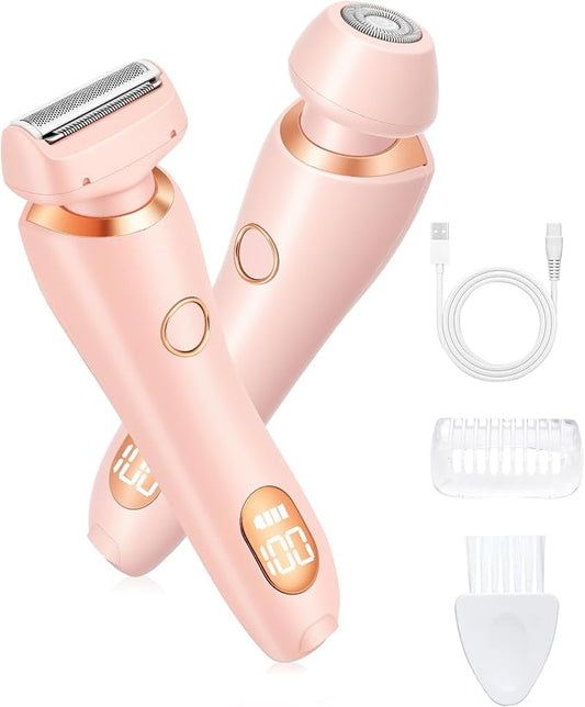 Bikini Trimmer for Women Electric Razors for Women, Double Head Dual Purpose, Waterproof Hair Razor, Ceramic Blade Hair Trimmer Wet & Dry Use, Painless Electric Shaver for Facial and Body (Pink)