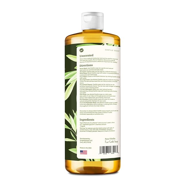 Pura Vitalia Unscented Organic Castile Soap | Body Wash & Cleanser for Face & Hands | Biodegradable, Eco-Friendly, Palm Oil Free, Vegan & Gentle | Made with 6 Natural Ingredients | 32 oz