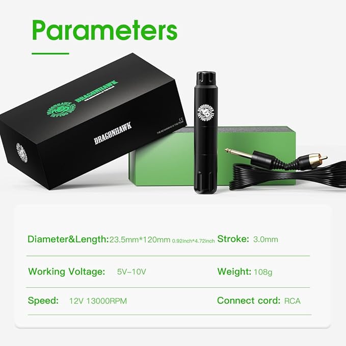 Dragonhawk Wireless Tattoo Kit, S12 Rotary Tattoo Pen Machine Gun, 2 Replaceble Batteries for Long Run Time, Tattoo Kit for Beginner Play & Learn