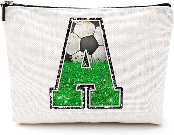 CQM Soccer Gifts Initial Makeup Bag Monogrammed Cosmetic Bag Letter A Zipper Pouch Soccer Accessories for Girls Women Player Coaches Friend Graduation Birthday Gifts