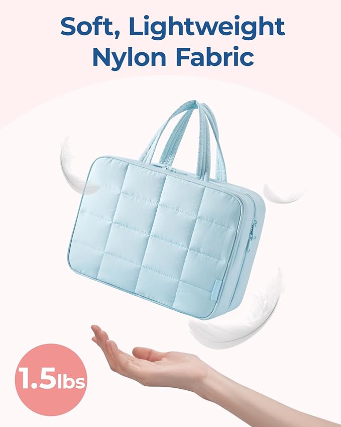 BAGSMART Travel Toiletry Bag with Jewelry Organizer, Hanging Travel Bag for Toiletries, Puffy Makeup Cosmetic Bag Organizer, Carry-on Travel Accessories Essentials, Light Blue-L