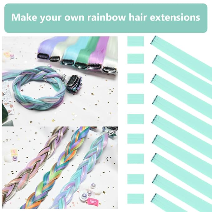 Colored Hair Extensions 14 PCS, 22 In Mint Green Clip in Hair Extensions St Patricks Day Party Highlights, Light Teal Synthetic Hairpieces for Girls Women Kids Cosplay Gift(Light Green)