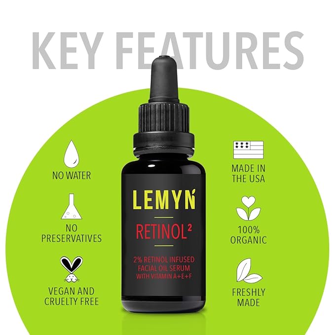 Lemyn Organics Retinol2 Facial Oil Serum with 2% Advanced Gentle Retinol, Vitamin A+E+F – Freshly Made Anti-Aging, Hydrating, and Firming Formula | 15ml