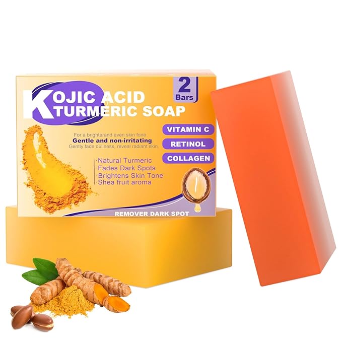 Sesamebaby Turmeric Kojic Acid Soap for Dark Spot, Brighten Skin Face and Body Cleanser with Shea Butter, Vitamin C, Moisturizing Natural Skincare（2pcs）