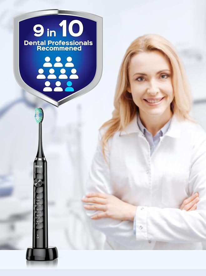 COSLUS C40 Sonic Electric Toothbrush for Adults: 47000 VPM for Deep Cleaning & Whitening with Travel Case - 5 Modes for Sensitive Teeth & Braces, Wireless Charging, 6 Brush Heads, Black & Green (2PCS)
