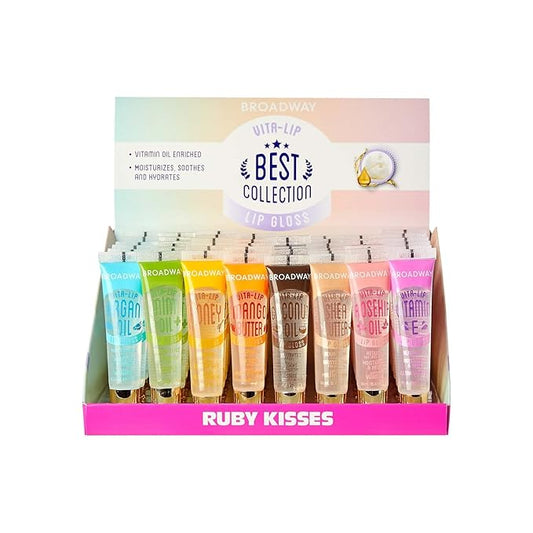 Ruby Kisses Broadway Vita-Lip Clear Lip Gloss (48 Pack), Ultra-Hydrating & Soothing Formula with Vitamins, High-Shine Non-Sticky Finish Lip Balm with Mint, Rosehip, Coconut, Mango, Argan, Honey, Shea