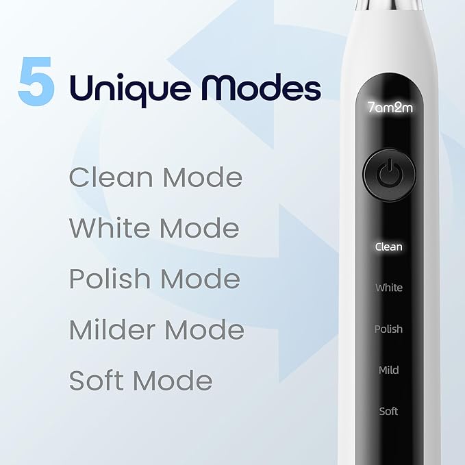 7AM2M Sonic Electric Toothbrush for Adults High Power Rechargeable Toothbrushes with 6 Brush Heads,5 Adjustable Modes, Built-in 2-Minute Smart Timer,3 Hours Fast Charge for 45Days Ivory