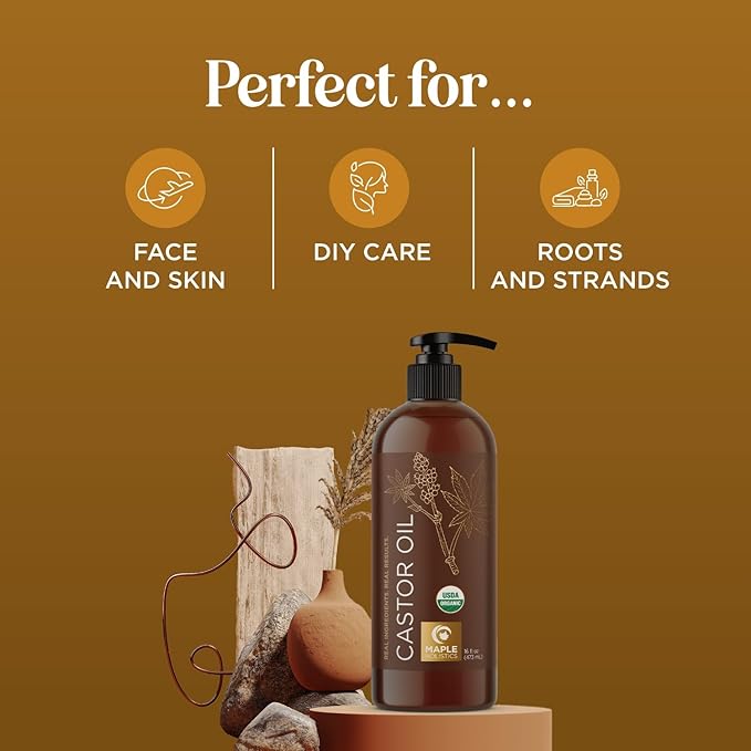 Organic Castor Oil for Hair Skin & Nails - USDA Organic Hexane Free Castor Oil for Skin Face Eyelashes Brows Stomach and Full Body Detox - Extra Virgin Non-GMO Vegan & Cruelty Free (16 Fl Oz)