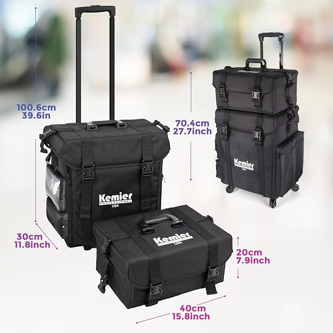 Kemier studio makeup case Omni-directional wheels 2 in 1 Professional Soft Sided,Removable,Artist Rolling Makeup Train Case,Cosmetic Organizer w/Storage Drawers