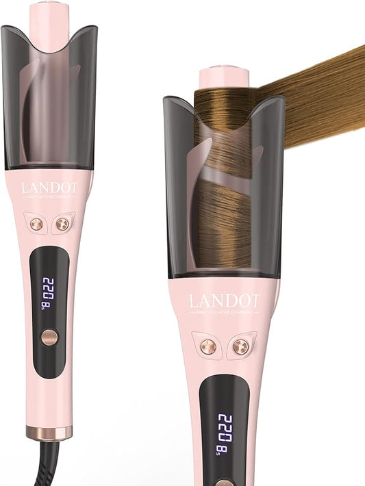 LANDOT Automatic Curling Iron 1-inch: Easy-to-Use Self Curling Wand with Auto Rotation, Anti-Tangle Technology for Beginners, Ideal Gift for Girls & Teens - Charming Pink