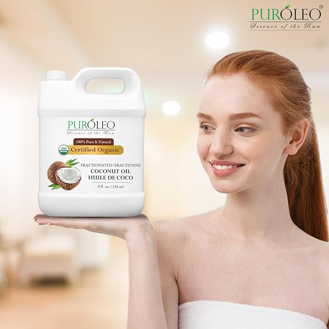 PUROLEO Organic Certified USDA Fractionated Coconut Oil 32 Fl Oz/946 ML (Packed in Canada) – 100% Natural & Odorless Moisturizer & Carrier Oil for Hair, Skin, Body, Massage, Makeup Removal