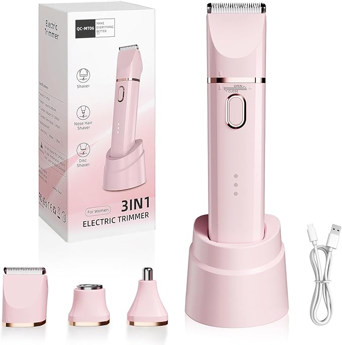 Bikini Trimmer for Women& Body Shaver – Cordless Electric Razor for Silky Smooth Skin | Replaceable Facial Razor Attachment | IPX7 Waterproof, Ceramic Blades & USB Charging Dock – Pink