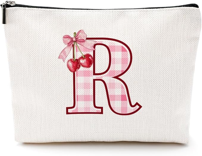 CQM Initial Makeup Bag Monogram Cosmetic Bag Monogrammed Gifts for Women Girls Friends Coworker Manager Personalized Travel Toiletry Bag Christmas Bridal Shower Wedding Bridesmaid Gifts, Cherry R