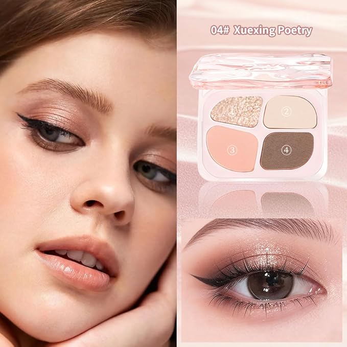 Peach Nude Mini Eyeshadow Palette – 4-Color Apricot & Cream Beige Matte Shades with Champagne Gold Glitter, High Pigment Long-Lasting Blendable Warm Brown Soft Glam Eye Shadow for Daily Natural Makeup