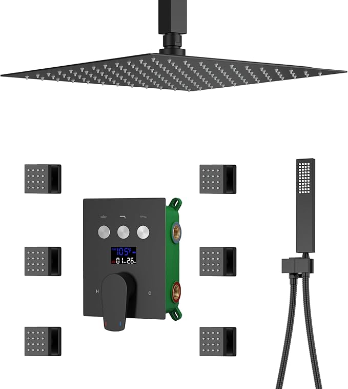WHSHOWER Digital Display Shower Faucet Set With 12 Inch Rainfall Shower Head,Brass Handheld Sprayer And 6pcs Body Jets,Full Body Shower System (Matte Black)