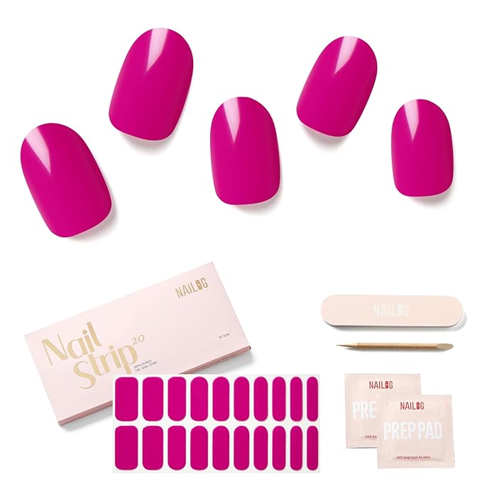 NAILOG Semi Cured Gel Strips - 20 Pcs Nail Stickers | Buy 2 Get 1 UV Light | Extra Long Wraps With Glossy Gel Finishing Rose Red, Magen