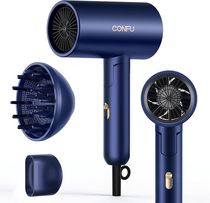 CONFU Diffuser Hair Dryer for Curly Hair,1500W Fast Drying Blow Dryer with Diffuser for Women,Compact & Portable Negative Ion Hairdryer,Mini and Foldable Blowdryer Design for Travel(Blue)