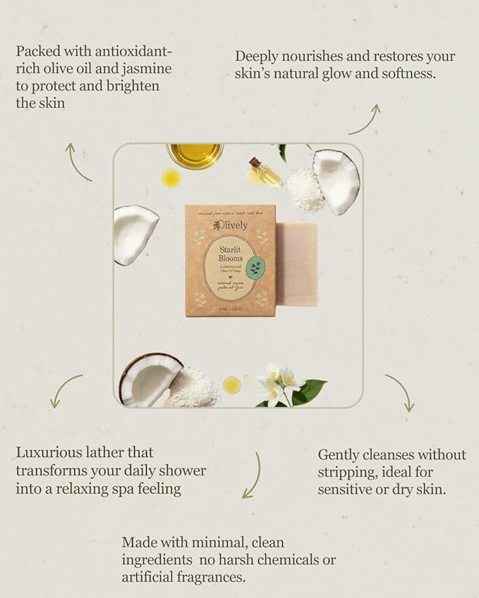 Olively Starlit Blooms - All Natural Soap Bar - Soap Bar handmade with Jasmine and Olive Oil - Bar Soaps made with 100% natural ingredients - Body and Bath Soap - Vegan