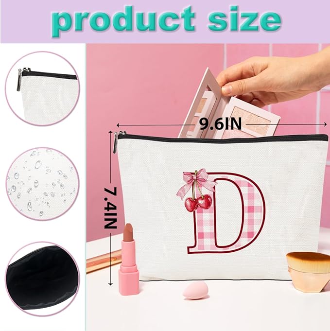 CQM Initial Makeup Bag Monogram Cosmetic Bag Monogrammed Gifts for Women Girls Friends Coworker Bestie Personalized Travel Toiletry Bag Christmas Bridal Shower Wedding Bridesmaid Gifts, Cherry D