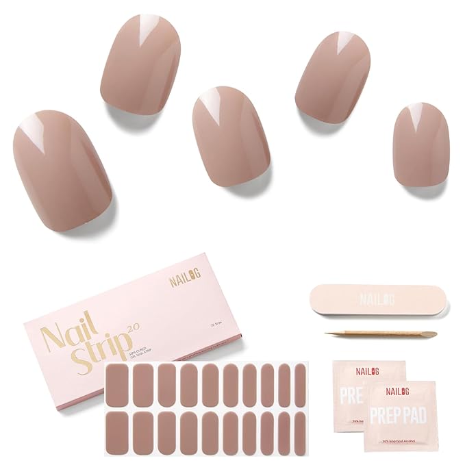 Semi Cured Gel Nail Strips - NAILOG 20 Pcs Dark Brown Nail Stickers Extra Long Wraps with Glossy Gel Finishing for Autumn Winter, Heather