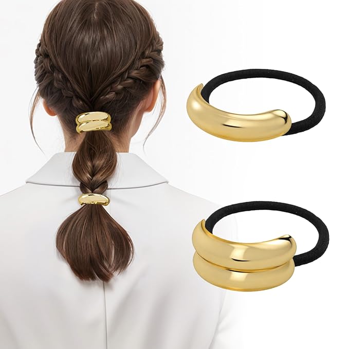 3PCS Metal Hair Tie For Women,Gold Cuffs,Metal Geometric Gold Hair Ties, Hair Accessories Stretchy and Non-Damage Ponytail Holders,Ponytail Cuff Hair Bands For Hair Styling (SET1)