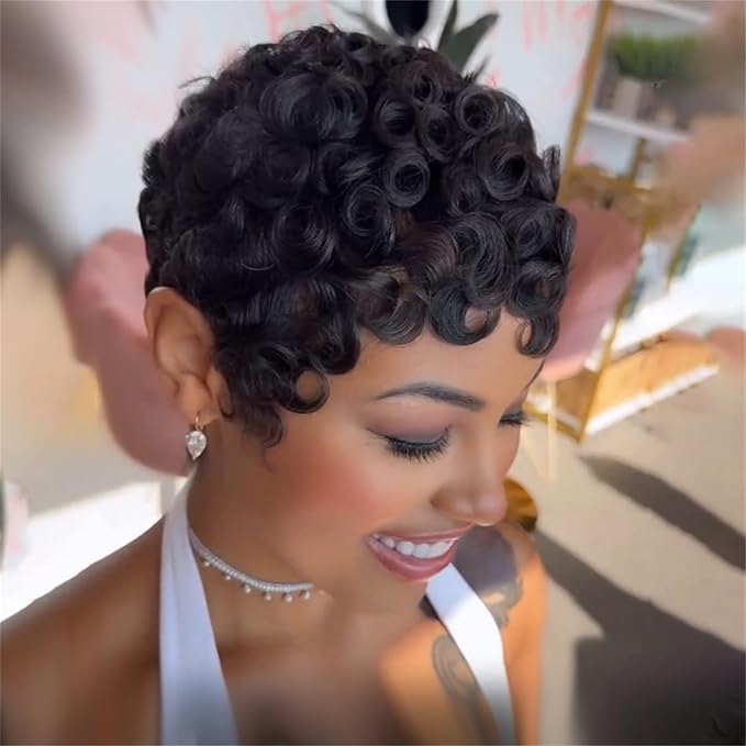 Pixie Cut Short Bob Wig for Black Women 100% Brazilian Human Hair Full Machine Made Wigs Glueless Natural Black Color Curly Human hair