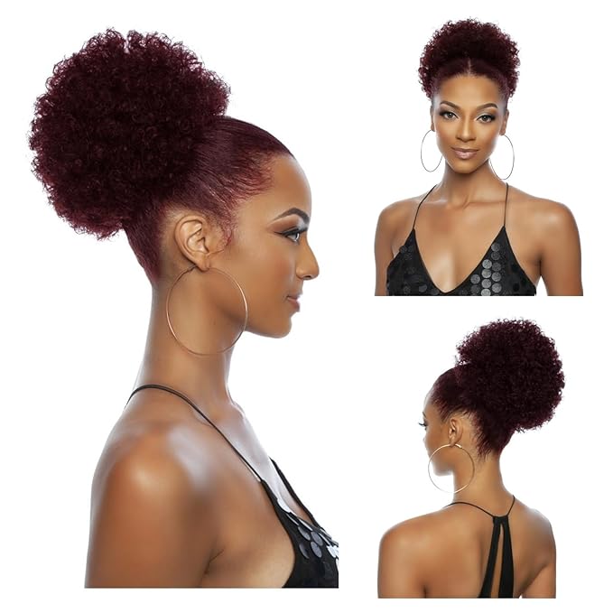 Afro Puff Ponytail Extension Wigs for Black Woman, 99J Burgundy 100% Human Hair 8 Inch Afro Puff Curly Kinky Drawstring Ponytail Bun Short Hair Extensions Clip On Ponytail Bun Hairpieces Updo Wigs