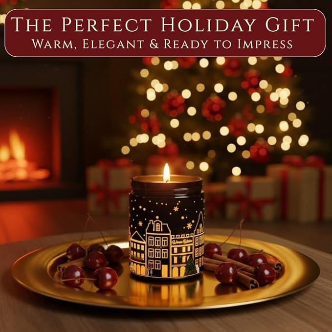 Black Cherry Scented Candle (Black Jar), 40-Hour Burn, Dual Light Glow (Flame + LED Artwork), Soy Wax Blend, Holiday Aromatherapy Gift Candle for Bedroom, Bathroom & Home – 7oz (200g)