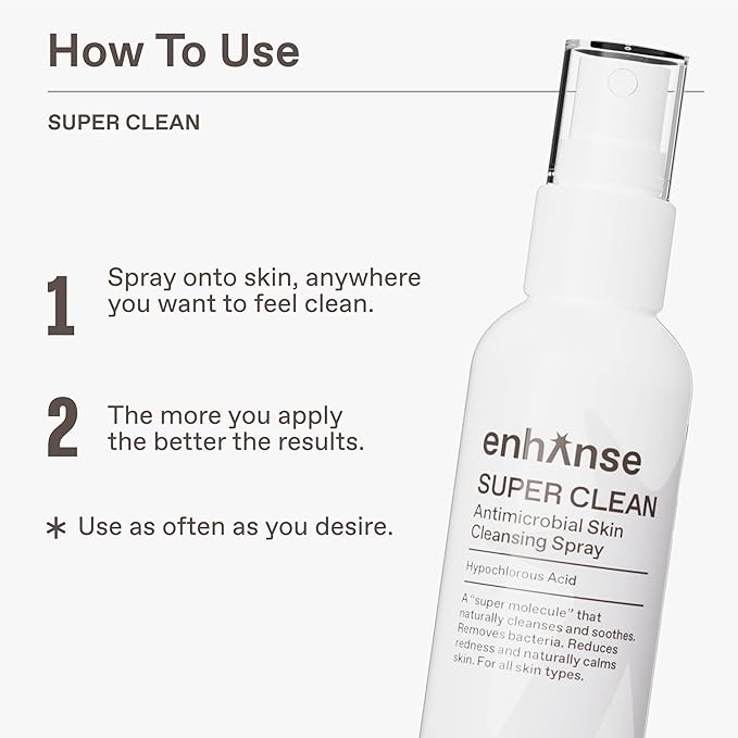 Super Clean, Hypochlorous Acid Spray, Helps Heal Acne Prone, Eczema, & Itchy Rashes, No Rinse Cleaner for Back Acne, Use Post Workout, Post Shave or Travel, Skin Care for Men, 100 mL