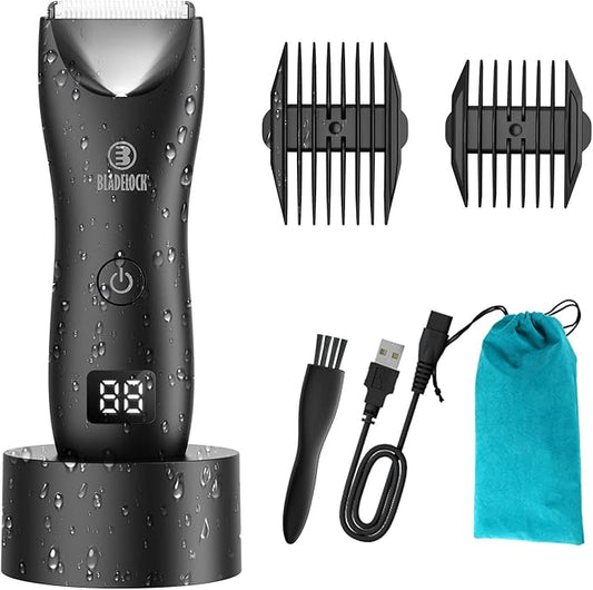 Favrison Body Hair Trimmer for Men, Electric Ball Trimmer with Ceramic Blade, Waterproof Pubic Groin Hair Trimmer for Mens Grooming Kit with LCD Display & Recharge Dock (Black)