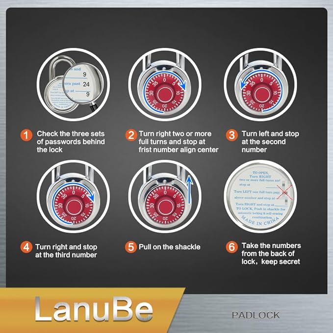 LanuBe Standard Dial Combination Lock, 2 in. Wide, with Different Combinations, Red Turnplate, Pack of 60; Lock for School, Employee, Gym Sports Locker, Case, Toolbox, and so on