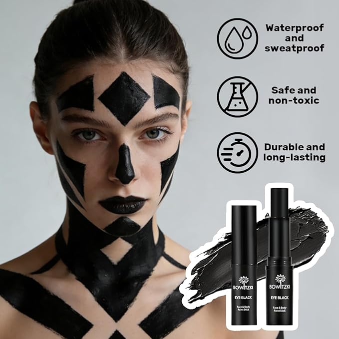 Bowitzki Face Body Paint Stick for Adults Eye Black Softball Football Baseball Sports , Non-Toxic Hypoallergenic for Halloween SFX Makeup Cosplay Joker Costume Parties Cream-Blendable Black