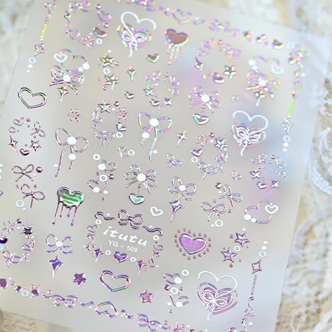 Valentines Nail Art Stickers Aurora Heart Nail Stickers for Nail Art 5D Embossed Bow Heart Nail Design Glitter Valentines Holiday Nail Decals for Women Girls Manicure Supplies