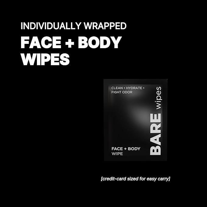 BARE Wipes 20 Pack - Portable Face and Body Wipes - Post Workout, Travel, Late Night, Pre Meeting - Powered By Tea Tree, Chamomile, Vitamin E, Aloe