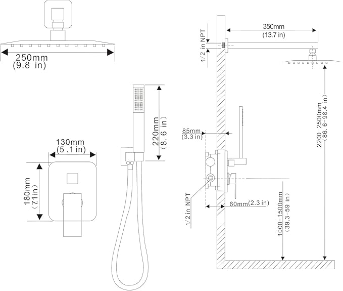 annazom Brushed Bathroom Luxury Rain Mixer Combo Set Wall Mounted Rainfall Shower Head System, Shower Head System Shower Faucet Rough-in Valve Body and Trim Included
