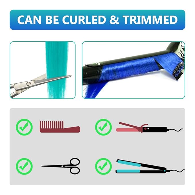 Colored Hair Extensions 10 PCS, Teal and Blue Clip in Hair Extensions Party Highlights, Colorful Synthetic Hairpieces for Girls Women Kids Gifts Blue Teal Hair Accessories(22 In)