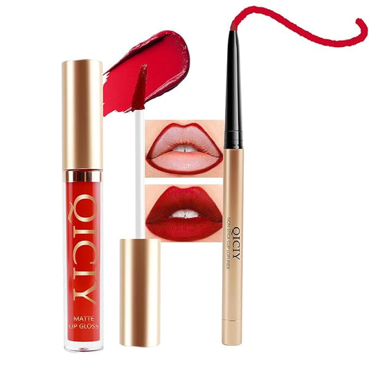 QueenDiary Lip Gloss and Liner Makeup Set, Lifter Gloss and Lifter Liner in Petal and Line Leader Shades (Natural and fresh)