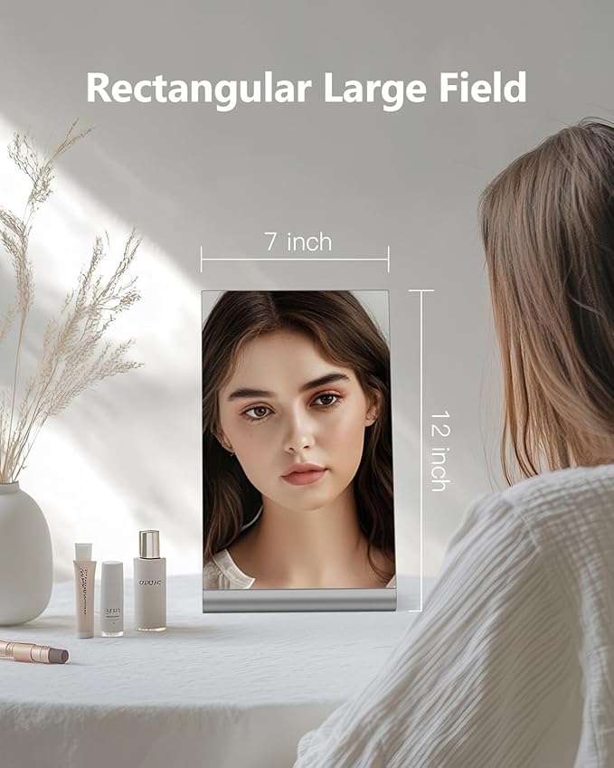 12"x7" Frameless Makeup Mirror, True 1X Flat Vanity Mirror for Accurate Reflection, Free Standing on Bathroom Vanity, Dresser or Desk, Ideal for Makeup, Shaving & Gifts (Silver)