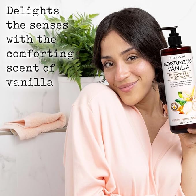 PHARM TO TABLE Moisturizing Vanilla Body Wash for Women and Men - Moisturizes and Softens the Skin, Sulfate Free, 100% Cruelty Free, 480ml