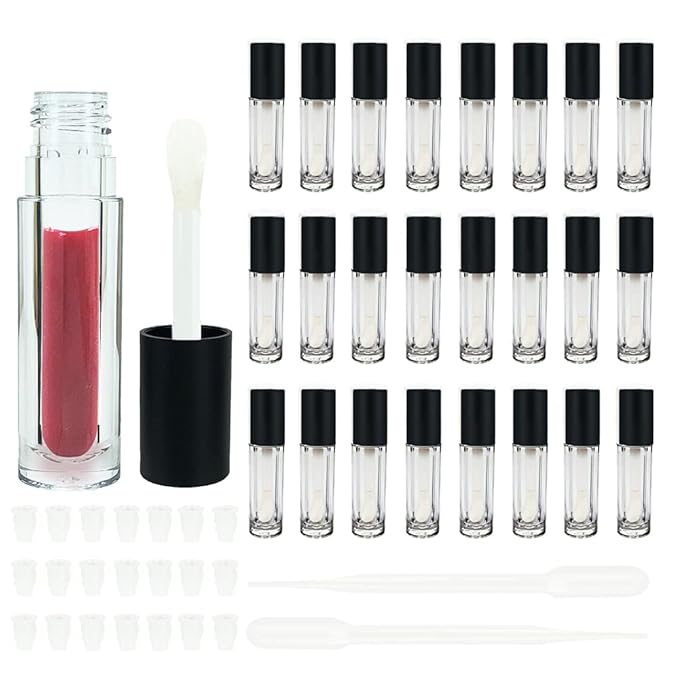COSIDEA 24 pcs Empty 5ml big brush lip gloss tube black round lipgloss tubes container with big doe foot wand cosmetic packing containers