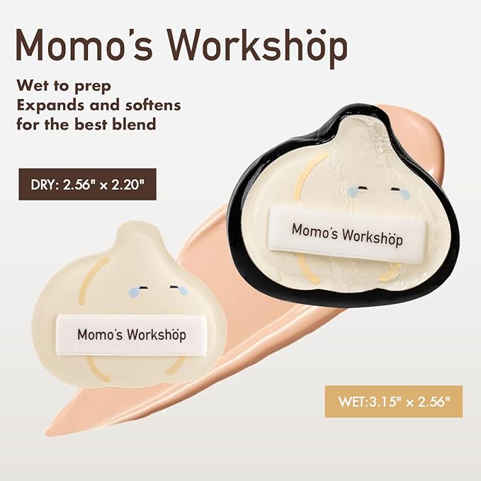 Momo's Workshop Crying Garlic Makeup Sponge 2-Pack, Hydrophilic PU for Sheer Finish, Dry&Wet Use,Pointed Tip for Concealer & Flat Side for Foundation, Flawless Sheer Finish with Travel Case