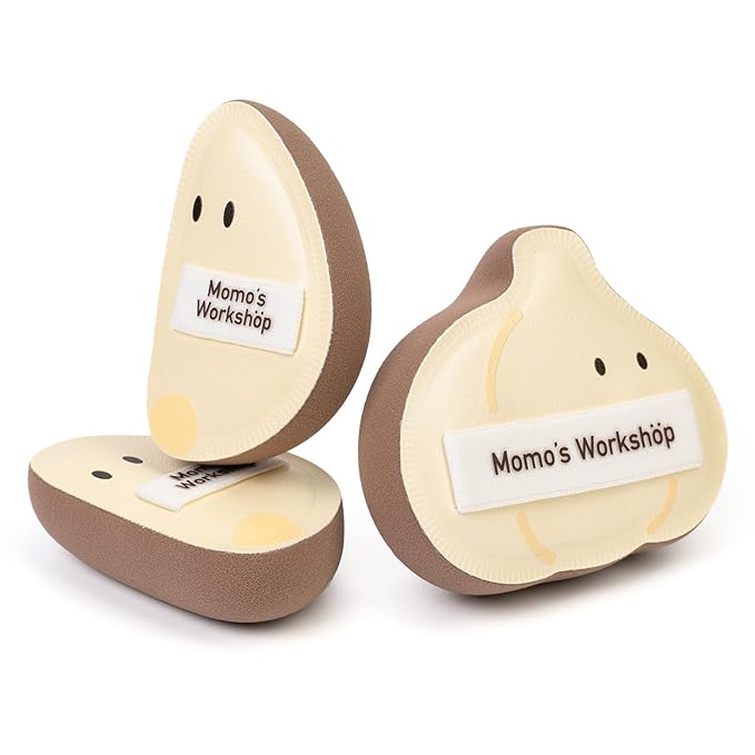 Momo's Workshop 3-Pack Garlic Shape Makeup Puffs, High-Density Rubycell for Oil Control & Full Coverage, Firm PU Leather Backing for Flawless Cream Skin Finish, for Liquid & Cream Makeup